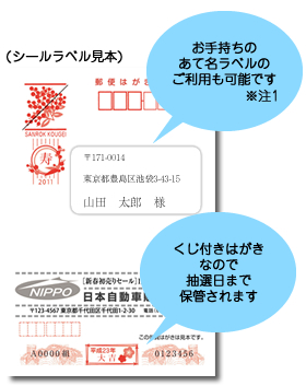 シールラベル見本　お手持ちのあて名ラベルの ご利用も可能です　くじ付きはがきなので抽選日まで保管されます