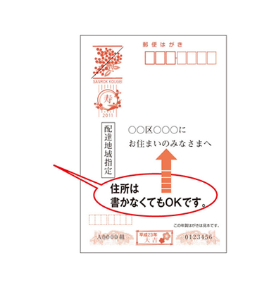 住所は書かなくてもOKです。「配達地域指定」○○区○○にお住まいのみなさまへと印字されます。